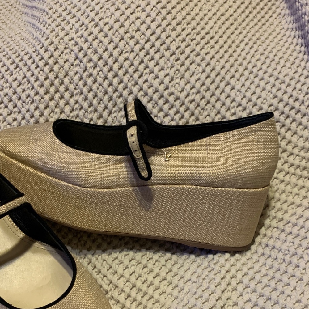 Larroude Beige Mary Jane Flats with Black Trim - Picture 5 of 10